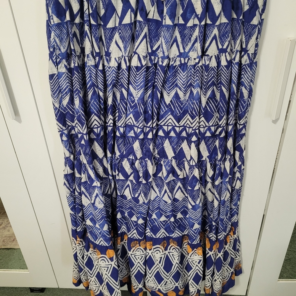 Anthropologie Tiered Abstract Maxi Blue Geometric Cotton Dress - Picture 9 of 12